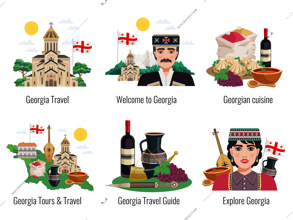 Georgian culture symbols cuisine traditions landmarks sightseeing tourists travel guide 6 flat compositions set isolated vector illustration