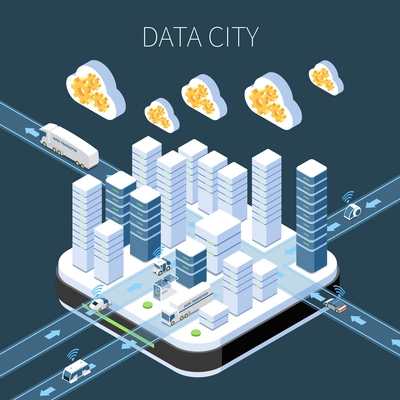 Data city isometric composition with cloud services server infrastructure and information transfer on dark background vector illustration