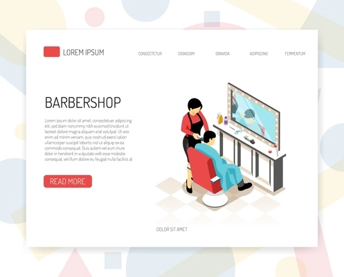 Barber stylist during work isometric concept of web banner with interface elements on white background vector illustration