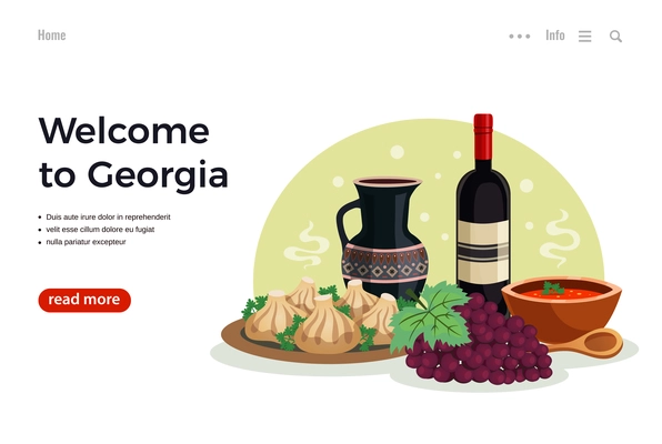 Georgia travel flat web page design with info button and national cuisine dishes wine image vector illustration