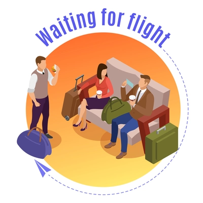 Travel people round design concept with passengers waiting for flight in airport lounge isometric vector illustration