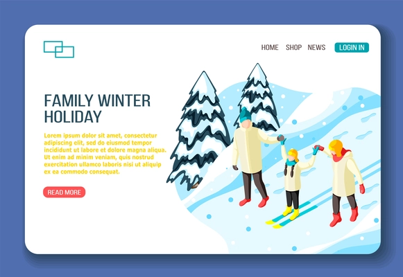 Family parents and kid on ski during walking in winter holidays isometric web landing page vector illustration