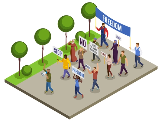 Activists isometric composition with group of people with posters loudspeakers on city street background vector illustration