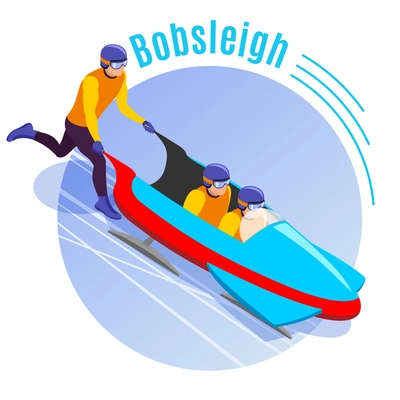 Bobsleigh round background with team of athletes  dispersing bobsled sleigh for downhill isometric vector illustration