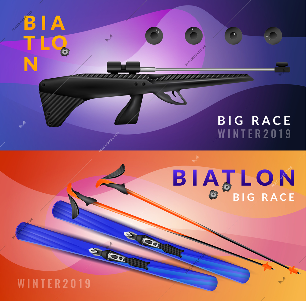 Two horizontal realistic biathlon banner set with big race winter and equipment vector illustration