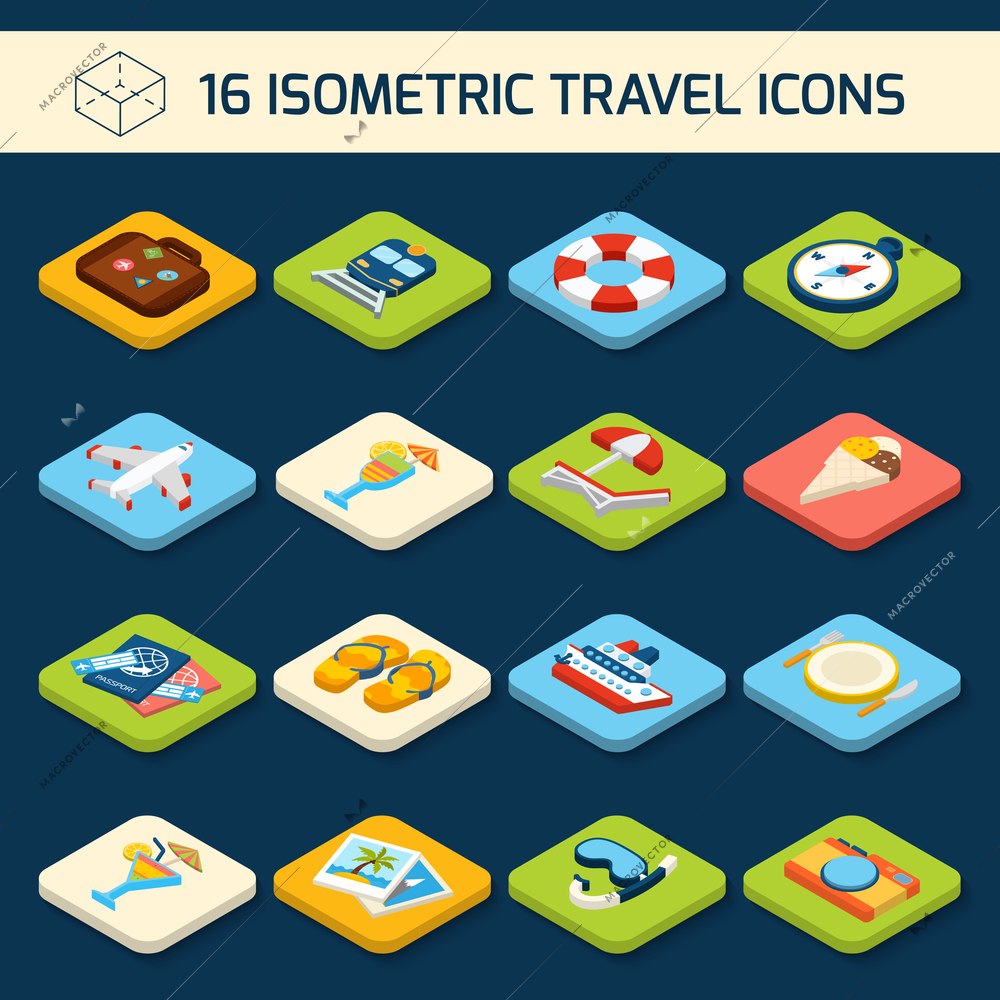 Travel holiday vacation icons isometric set of suitcase camera icecream isolated vector illustration