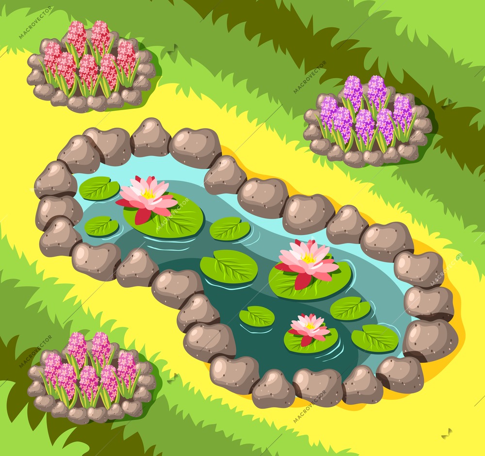 Landscaping decorative garden pond with stone border and flowers on yellow green  background isometric vector illustration