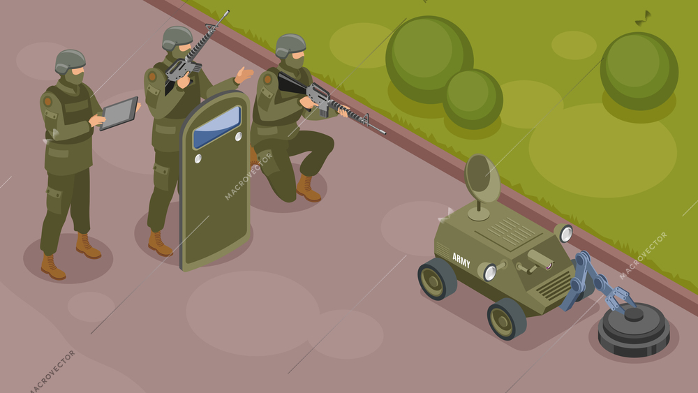 Military robots isometric composition with group of armed warrior supervising work of robot sapper vector illustration