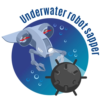 Military robots round background with image of underwater robot sapper neutralizing mine isometric vector illustration