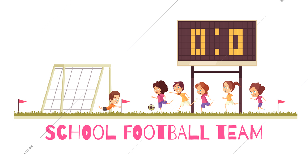 School sports game soccer team on athletic field during match cartoon composition on white background vector illustration