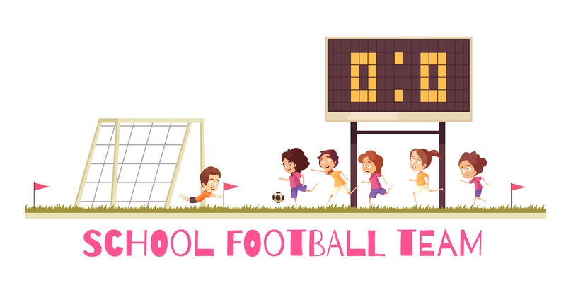 School sports game soccer team on athletic field during match cartoon composition on white background vector illustration