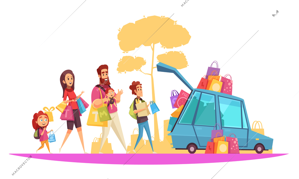 Family active holidays parents and kids during car loading by purchases cartoon vector illustration