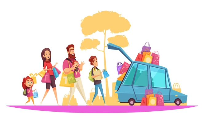 Family active holidays parents and kids during car loading by purchases cartoon vector illustration