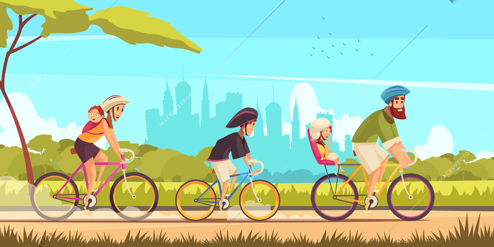 Family active holidays parents and kids during bicycle ride on  background of city silhouettes cartoon vector illustration