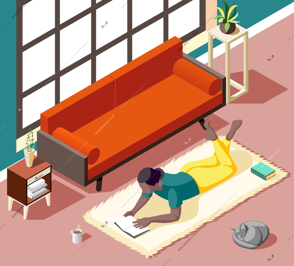 Young woman during reading lying on carpet with cat at home in weekend isometric vector illustration