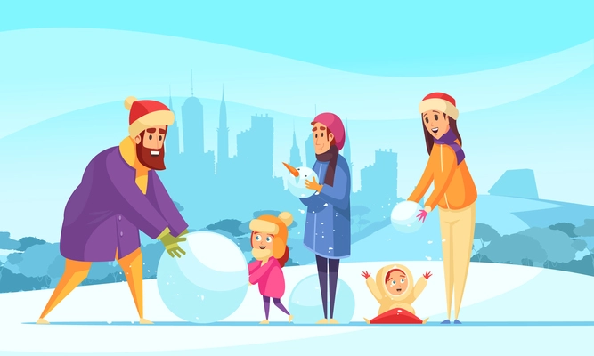 Family active holidays at winter parents and kids with snow balls on city silhouettes background vector illustration