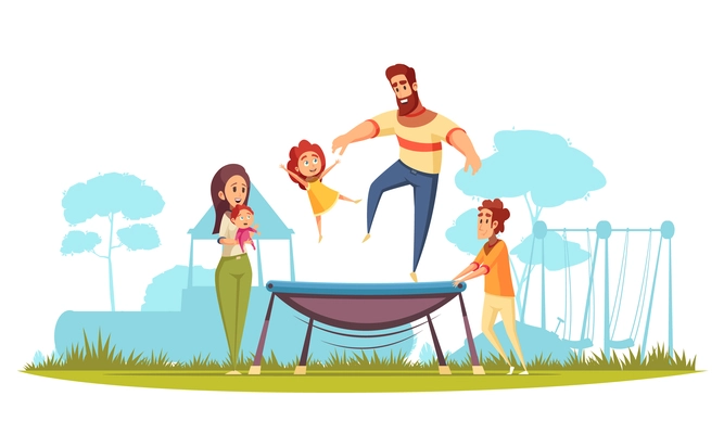 Family active holidays father with daughter during jumping on trampoline mom with kids as spectators vector illustration