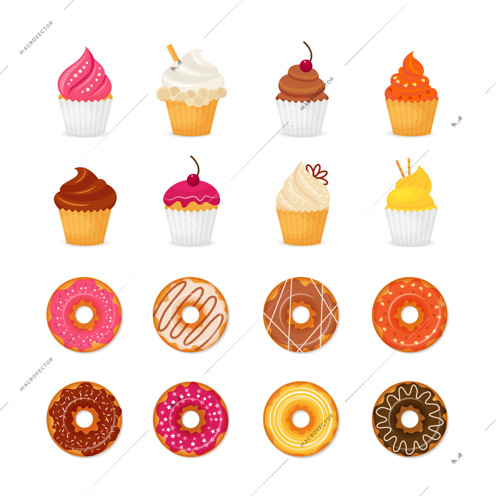 Food sweets bakery and pastry donut and cupcake icons set isolated vector illustration
