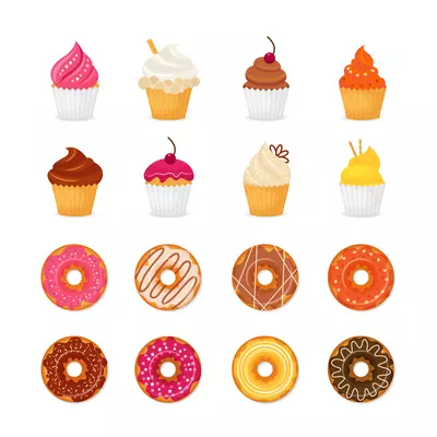 Food sweets bakery and pastry donut and cupcake icons set isolated vector illustration