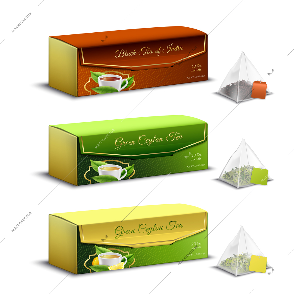 Green black indian and ceylon tea pyramid bags packaging boxes realistic set advertising sale isolated vector illustration