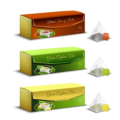 Green black indian and ceylon tea pyramid bags packaging boxes realistic set advertising sale isolated vector illustration