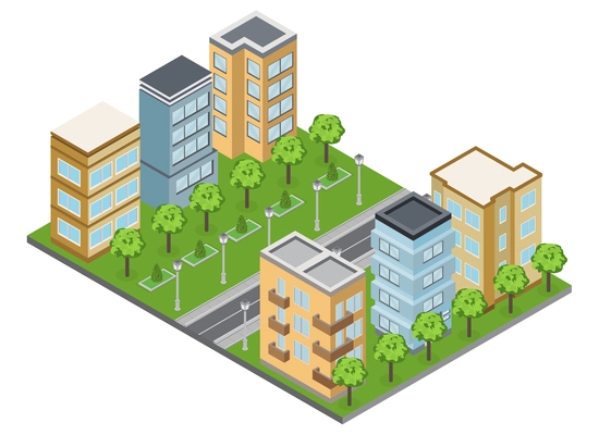 Suburb buildings and neighborhood with town houses and apartments isometric vector illustration