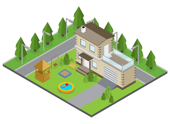 Country building with backyard swimming pool and street isometric vector illustration