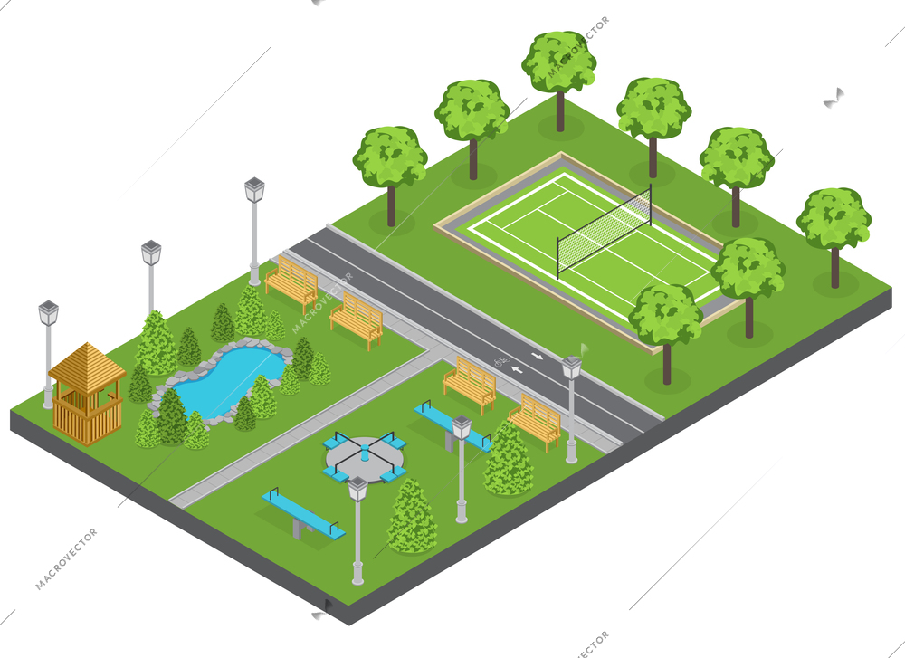Suburbia park composition with trees pond and sports ground isometric vector illustration