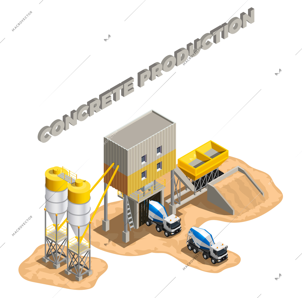 Concrete production isometric composition with editable text and factory buildings cement mixing plant facilities with conveyors vector illustration