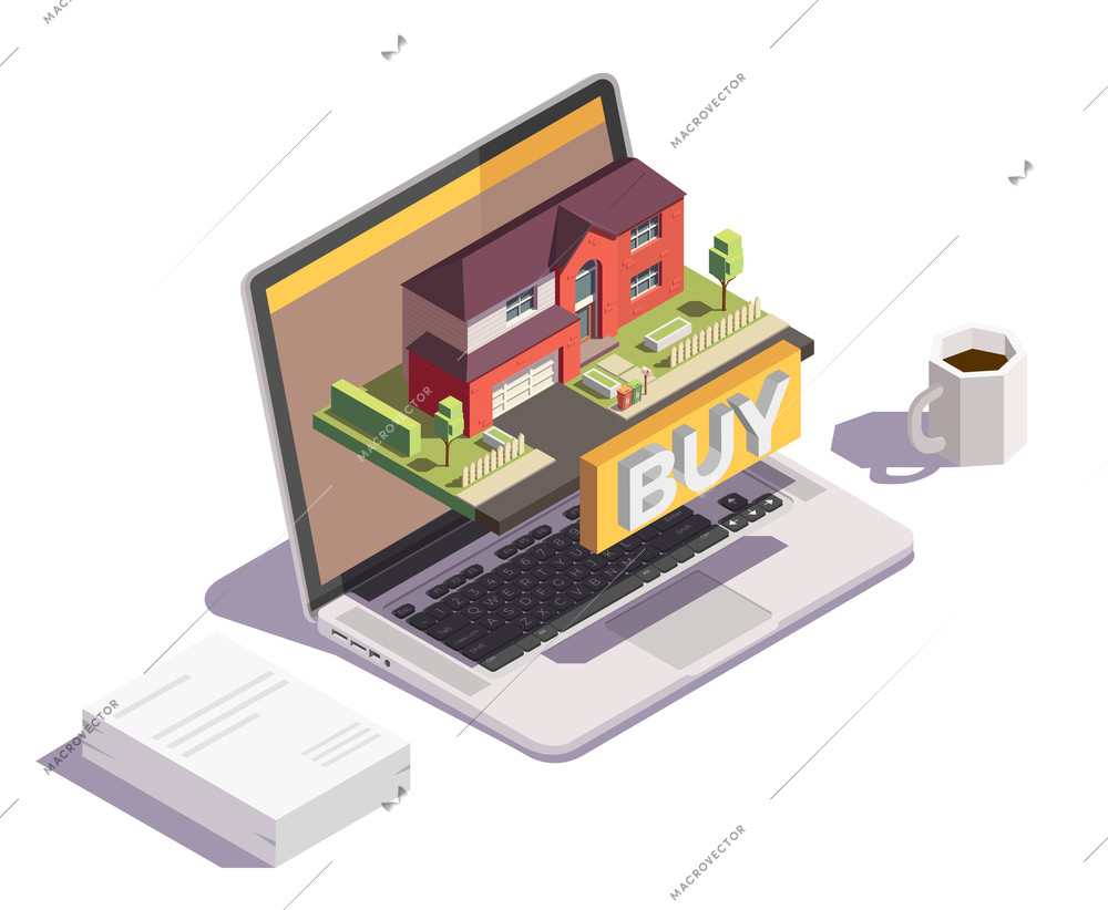 Suburbian buildings isometric conceptual composition with images of workspace desktop items and laptop with villa house vector illustration