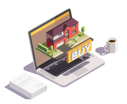 Suburbian buildings isometric conceptual composition with images of workspace desktop items and laptop with villa house vector illustration