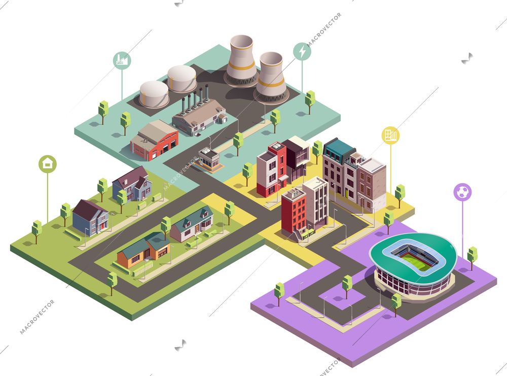 Suburbian buildings isometric composition with view of city blocks of different domain with flat pictogram icons vector illustration