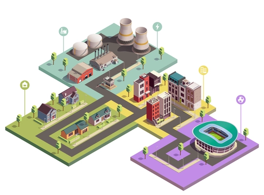 Suburbian buildings isometric composition with view of city blocks of different domain with flat pictogram icons vector illustration