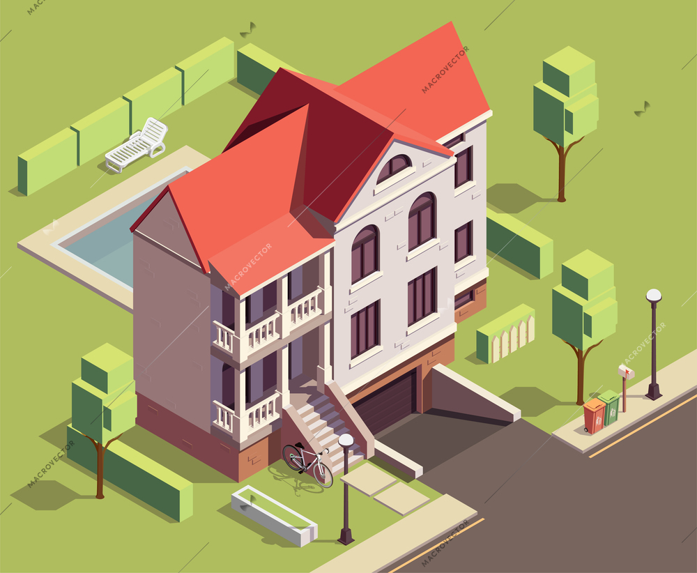 Suburbian buildings isometric composition with outdoor scenery and two-storey living house with yard and trees vector illustration