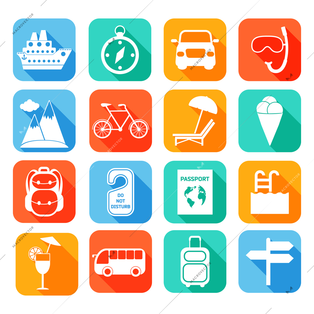 Travel tourism holiday vacation flat icons set of ship compass car isolated vector illustration