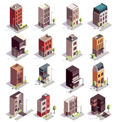 Townhouse buildings isometric set of sixteen isolated colourful buildings with multiple storeys and modern architecture design vector illustration