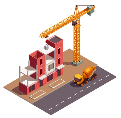 Townhouse buildings isometric composition with view of building site crane and residential dwelling house under construction vector illustration