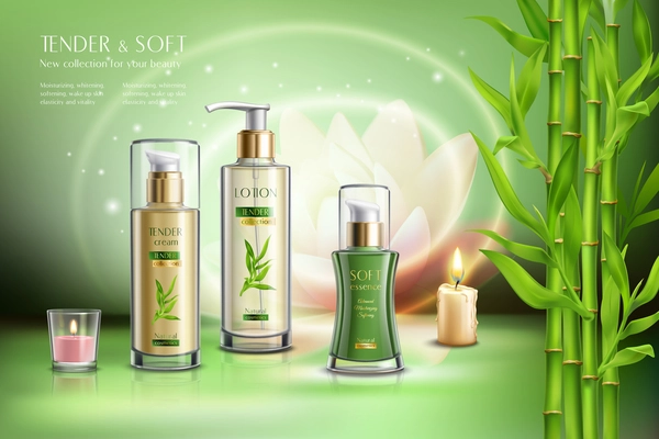 Cosmetics advertising skin softening beauty balm creme moisturizer sprays dispensers aromatic candles bamboo stalks realistic composition vector illustration