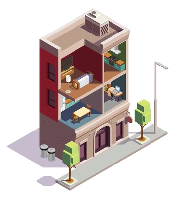 Townhouse buildings isometric composition with profile view of urban dwelling house with separate rooms and furniture vector illustration