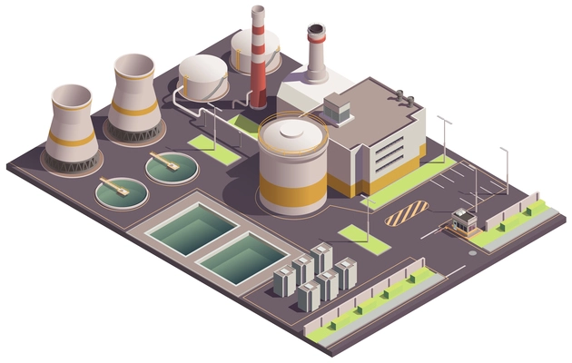 Industrial buildings isometric composition with plant site landmark and factory facilities with pools and parking lot vector illustration