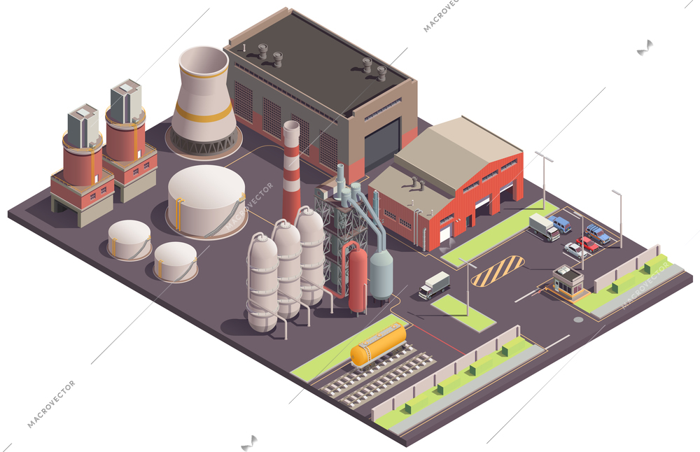 Industrial buildings isometric composition with view of plantsite area with images of plant buildings and facilities vector illustration