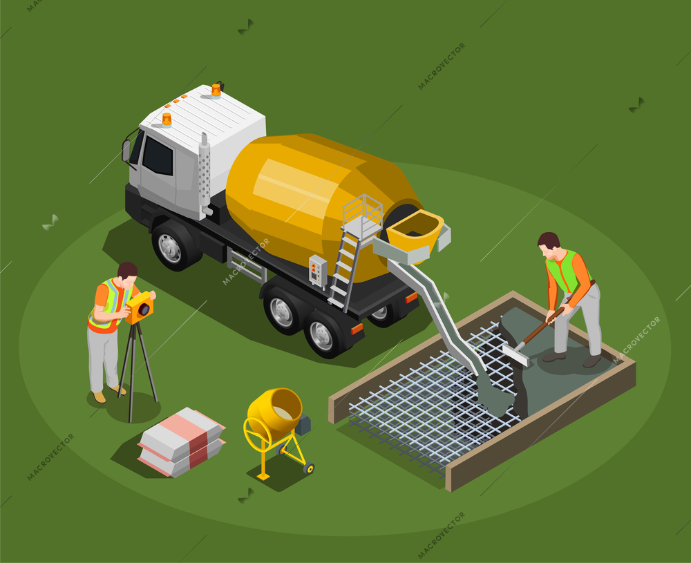 Concrete production isometric composition with mixing drum and cement mixer machine with human characters of workers vector illustration