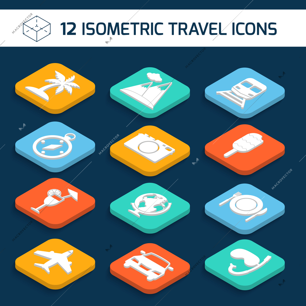 Travel holiday vacation icons isometric white set of palm mountains train isolated vector illustration.