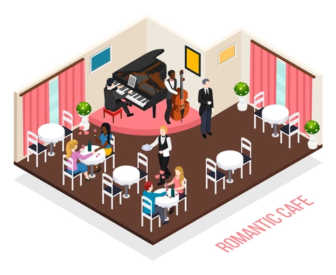 Musicians of romantic cafe pianist performer on contrabass and customers at tables isometric composition vector illustration