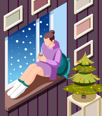 Cozy winter isometric background with young woman sitting on windowsill warming up with hot cocoa at christmas tree vector illustration