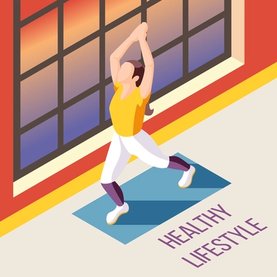 Healthy lifestyle isometric background with young woman performing fitness exercises in gym vector illustration