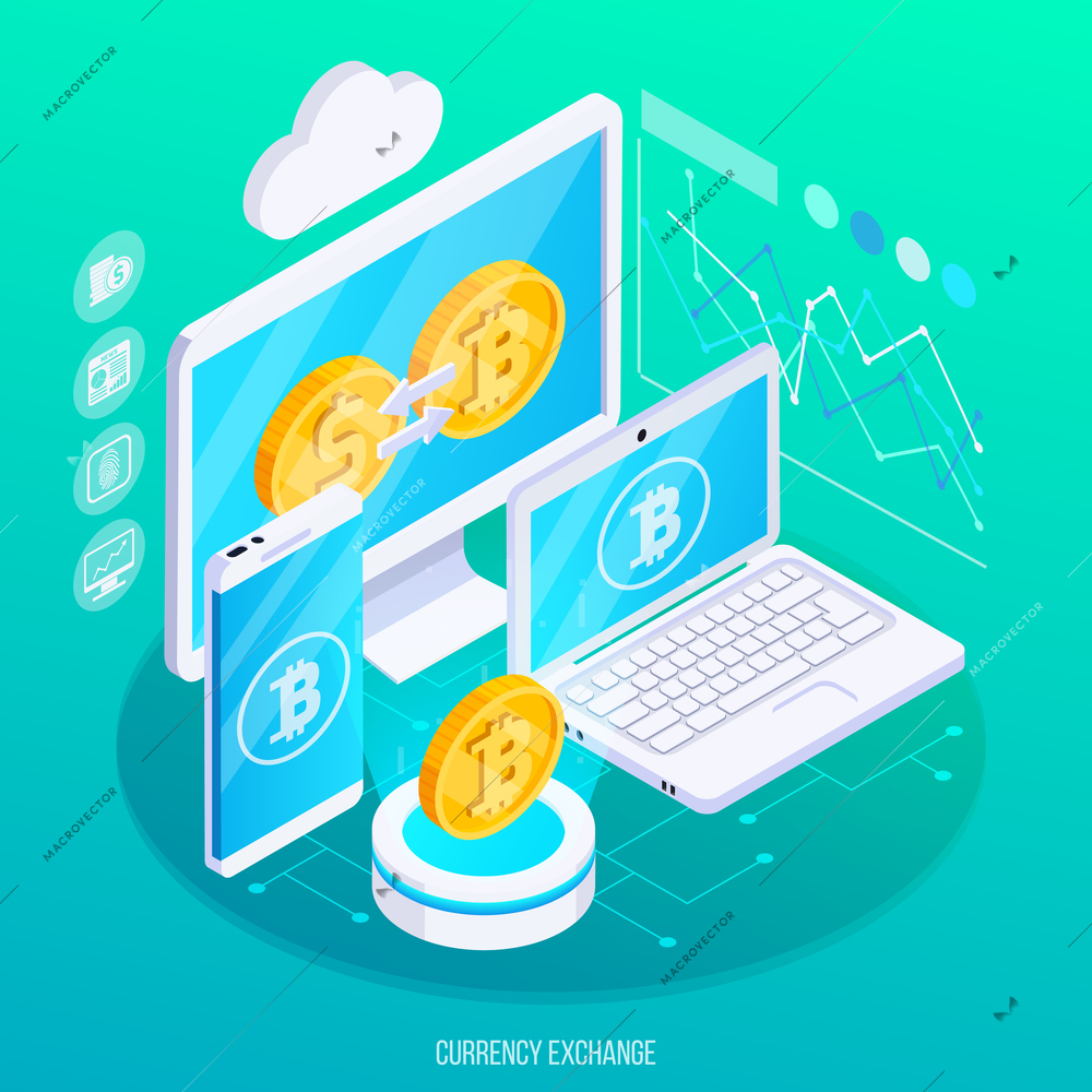 Exchange of virtual currency to real money isometric composition with electronic devices and charts vector illustration