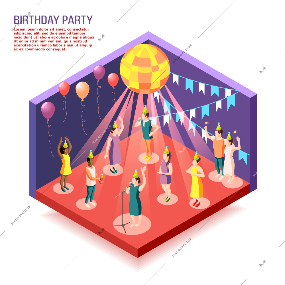 Birthday party isometric vector illustration with people gathered together in decorated hall to celebrate holiday