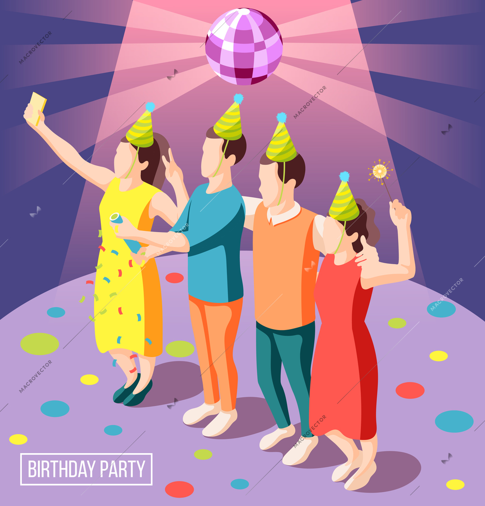 Birthday party isometric background with happy people in clown caps holding sparklers vector illustration