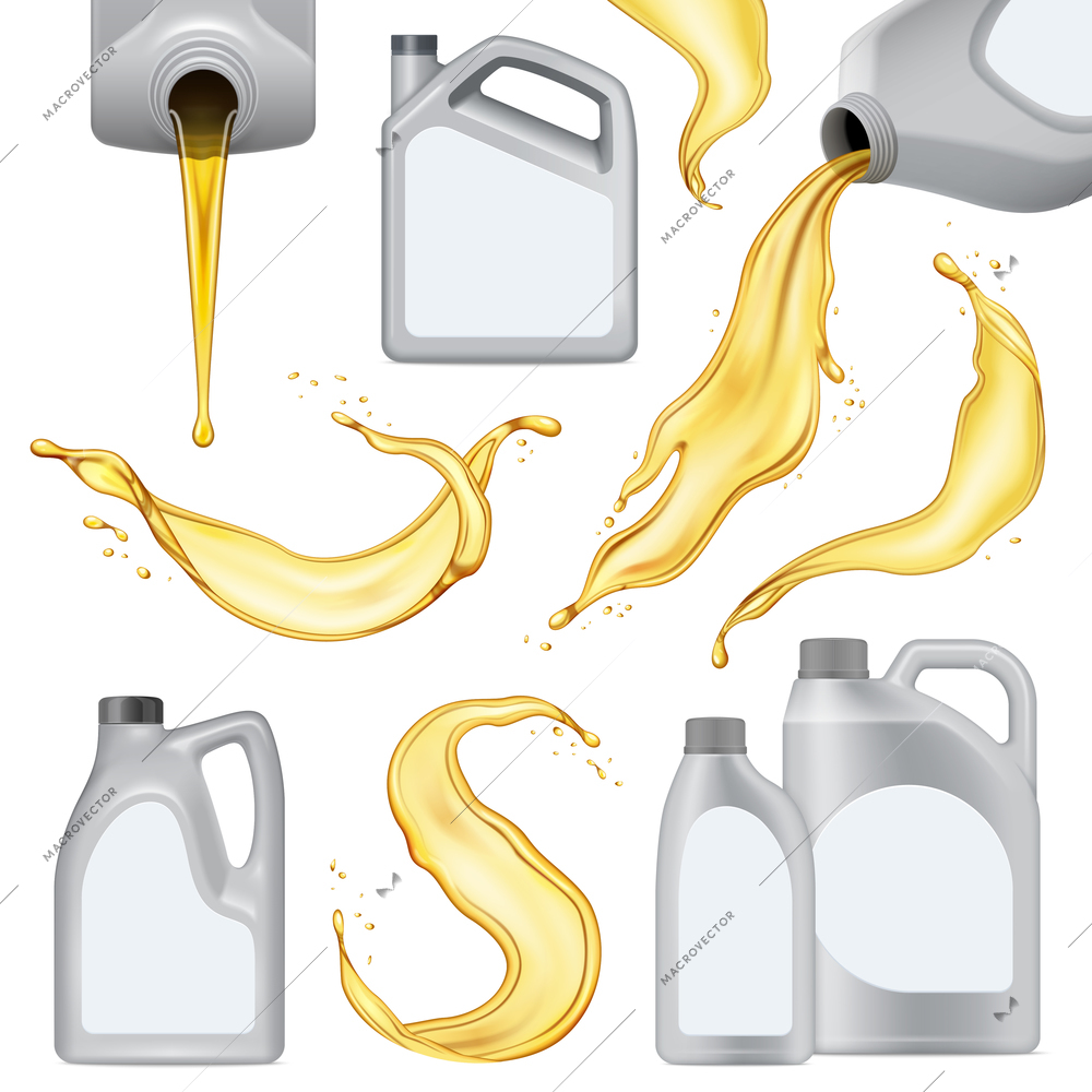 Isolated realistic motor oil icon set with white plastic bottle with yellow liquid vector illustration